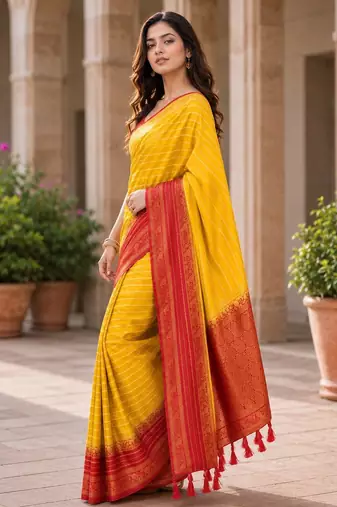 Yellow color designer wevon jacquard designer crepe fabric traditional rich saree