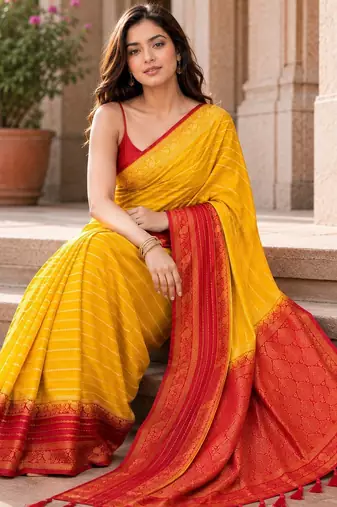 Yellow color designer wevon jacquard designer crepe fabric traditional rich saree