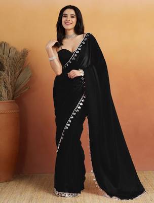 Black color smart designer lace border organza fabric partywear organza saree 1