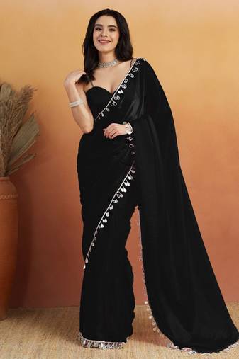 Black color smart designer lace border organza fabric partywear organza saree