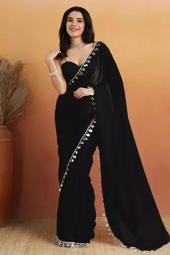Black color smart designer lace border organza fabric partywear organza saree