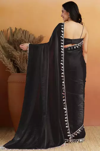 Black color smart designer lace border organza fabric partywear organza saree