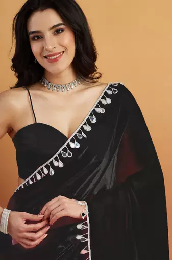 Black color smart designer lace border organza fabric partywear organza saree