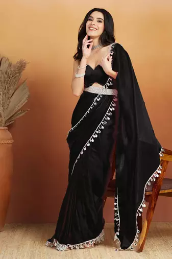 Black color smart designer lace border organza fabric partywear organza saree