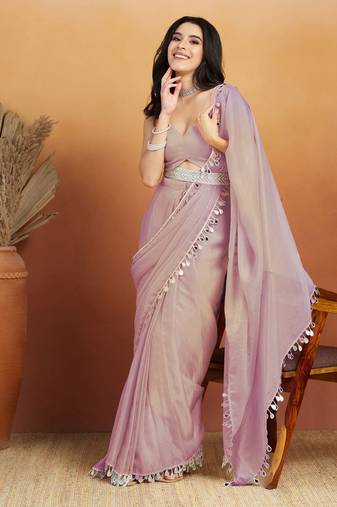 Light purple color smart designer lace border organza fabric partywear organza saree