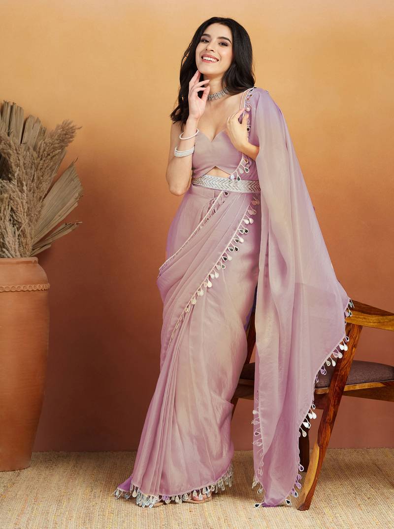 Light purple color smart designer lace border organza fabric partywear organza saree