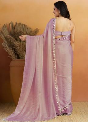 Light purple color smart designer lace border organza fabric partywear organza saree 2