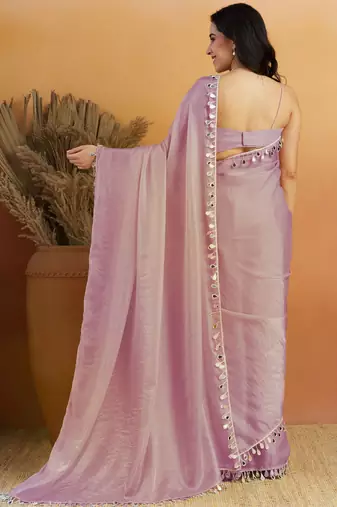 Light purple color smart designer lace border organza fabric partywear organza saree