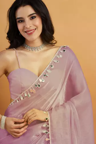 Light purple color smart designer lace border organza fabric partywear organza saree