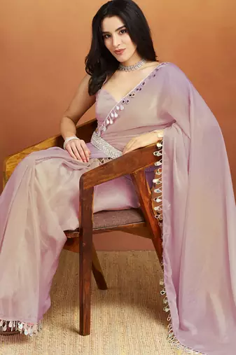 Light purple color smart designer lace border organza fabric partywear organza saree