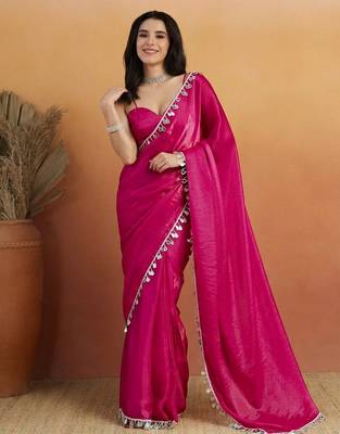 Magenta color smart designer lace border organza fabric partywear organza saree 1