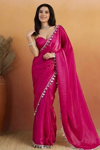 Magenta color smart designer lace border organza fabric partywear organza saree