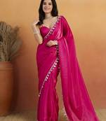 Magenta color smart designer lace border organza fabric partywear organza saree