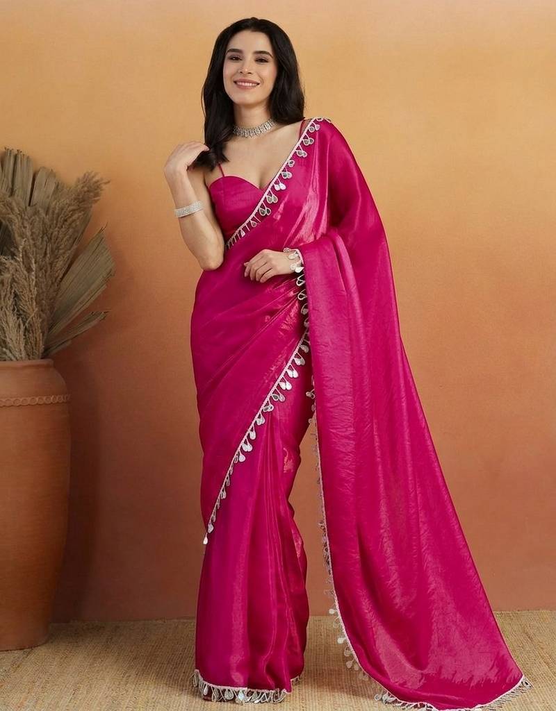 Magenta color smart designer lace border organza fabric partywear organza saree