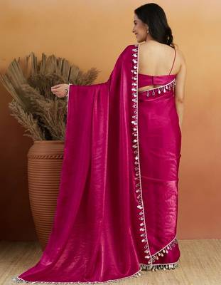 Magenta color smart designer lace border organza fabric partywear organza saree 2