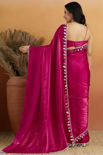 Magenta color smart designer lace border organza fabric partywear organza saree