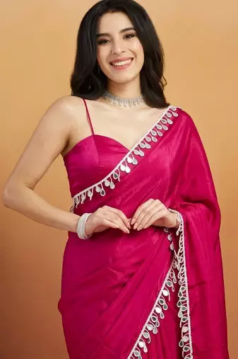 Magenta color smart designer lace border organza fabric partywear organza saree