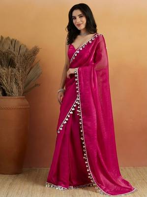 Magenta color smart designer lace border organza fabric partywear organza saree 4