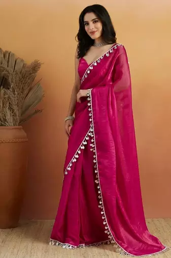 Magenta color smart designer lace border organza fabric partywear organza saree