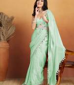 Sea green color smart designer lace border organza fabric partywear organza saree