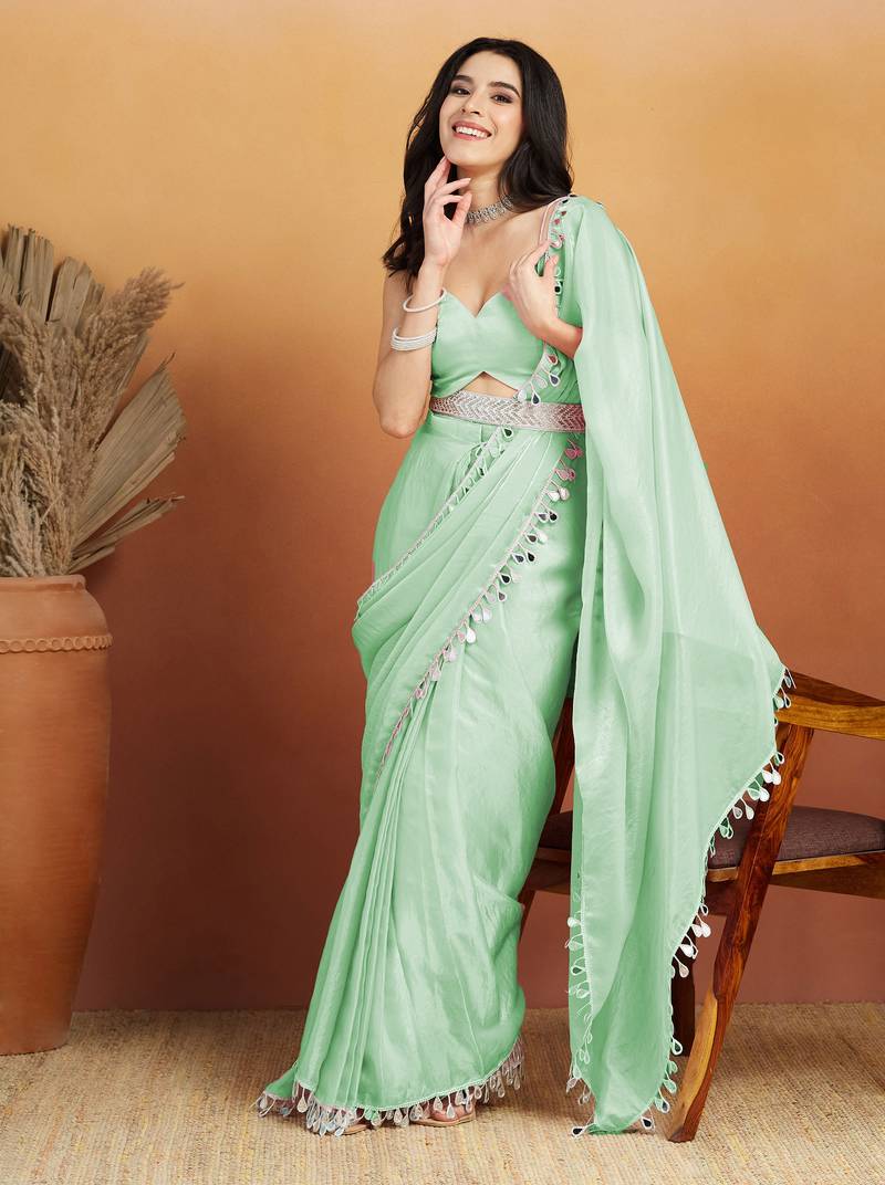 Sea green color smart designer lace border organza fabric partywear organza saree