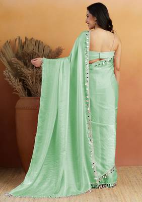 Sea green color smart designer lace border organza fabric partywear organza saree 2