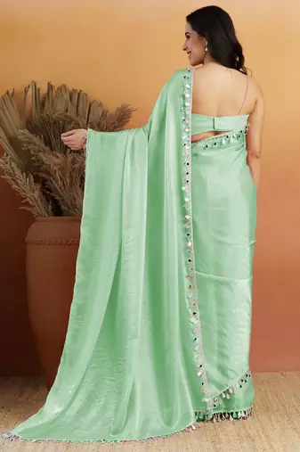 Sea green color smart designer lace border organza fabric partywear organza saree