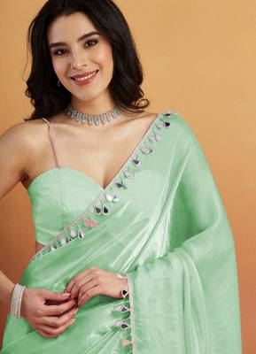 Sea green color smart designer lace border organza fabric partywear organza saree 3