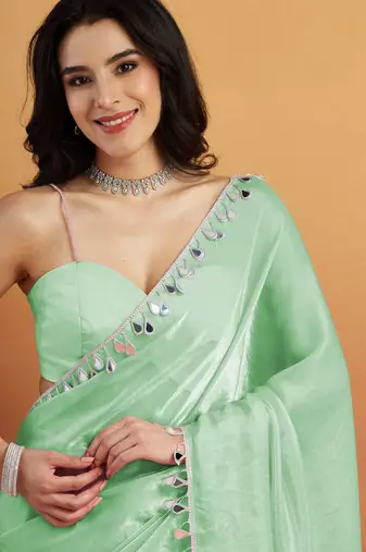 Sea green color smart designer lace border organza fabric partywear organza saree