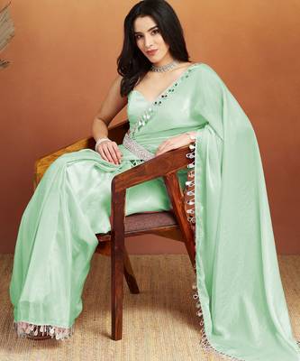 Sea green color smart designer lace border organza fabric partywear organza saree 4