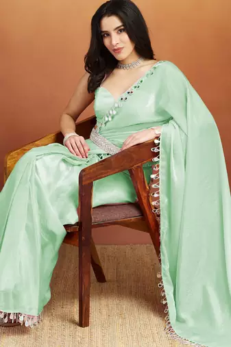 Sea green color smart designer lace border organza fabric partywear organza saree