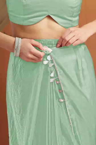Sea green color smart designer lace border organza fabric partywear organza saree