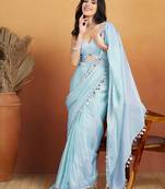 Sky blue color smart designer lace border organza fabric partywear organza saree