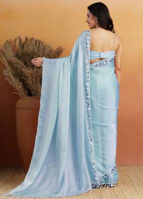 Sky blue color smart designer lace border organza fabric partywear organza saree 2
