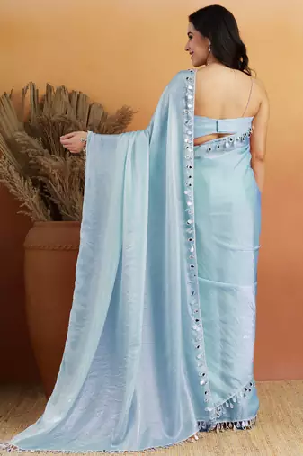 Sky blue color smart designer lace border organza fabric partywear organza saree