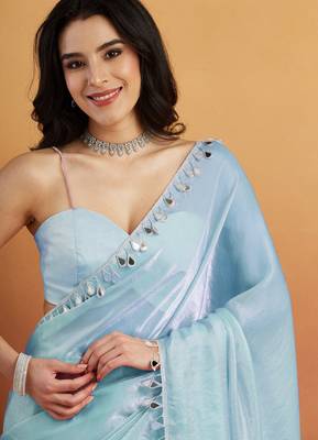 Sky blue color smart designer lace border organza fabric partywear organza saree 3