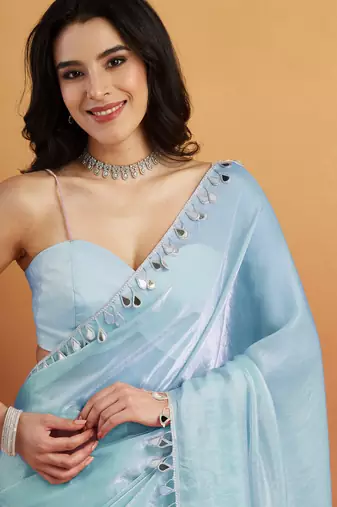 Sky blue color smart designer lace border organza fabric partywear organza saree