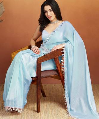 Sky blue color smart designer lace border organza fabric partywear organza saree 4