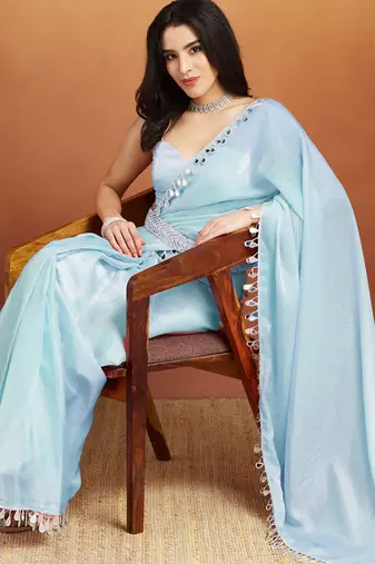 Sky blue color smart designer lace border organza fabric partywear organza saree