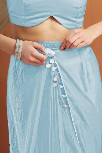 Sky blue color smart designer lace border organza fabric partywear organza saree