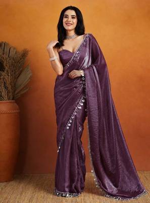 Violet color smart designer lace border organza fabric partywear organza saree 1