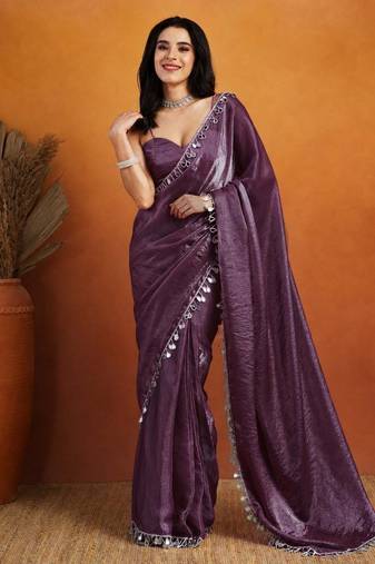 Violet color smart designer lace border organza fabric partywear organza saree