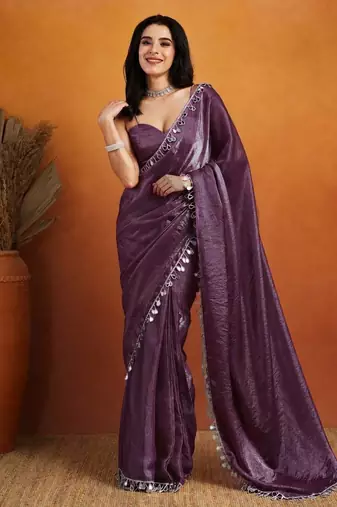 Violet color smart designer lace border organza fabric partywear organza saree