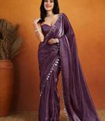 Violet color smart designer lace border organza fabric partywear organza saree