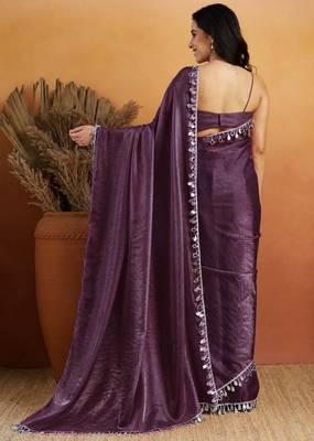 Violet color smart designer lace border organza fabric partywear organza saree 2