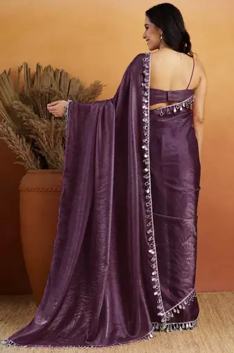 Violet color smart designer lace border organza fabric partywear organza saree