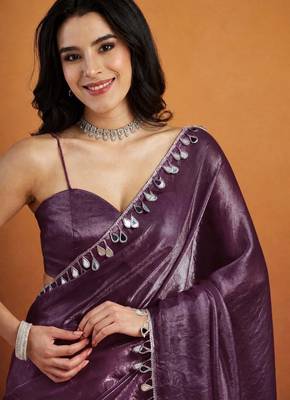 Violet color smart designer lace border organza fabric partywear organza saree 3