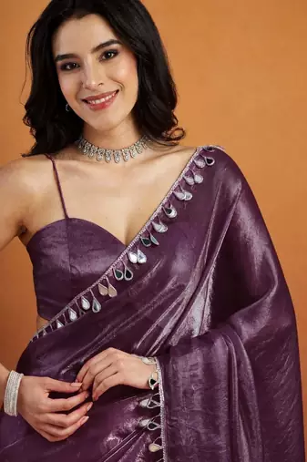 Violet color smart designer lace border organza fabric partywear organza saree
