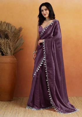 Violet color smart designer lace border organza fabric partywear organza saree 4