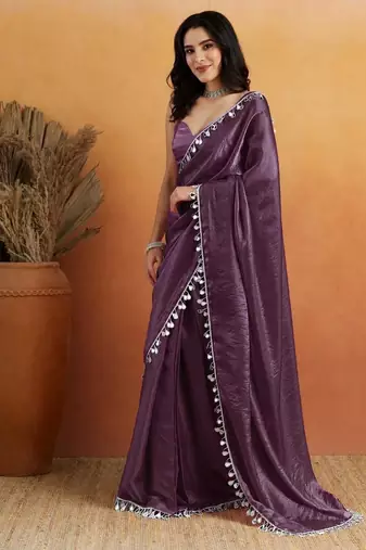 Violet color smart designer lace border organza fabric partywear organza saree